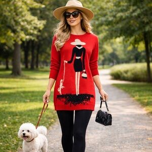 Soft Cashmere Winter Red Vintage Sweater Couture Lady w/ Dog Motif & Beaded